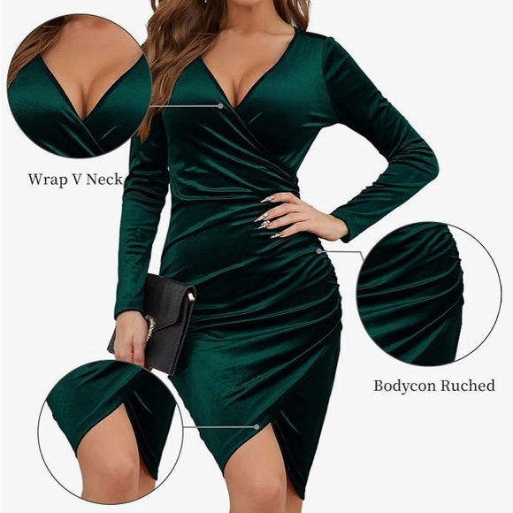 Womens Wrap V Neck Long Sleeve Velvet Bodycon Ruched Cocktail Party Wedding - Picture 5 of 5